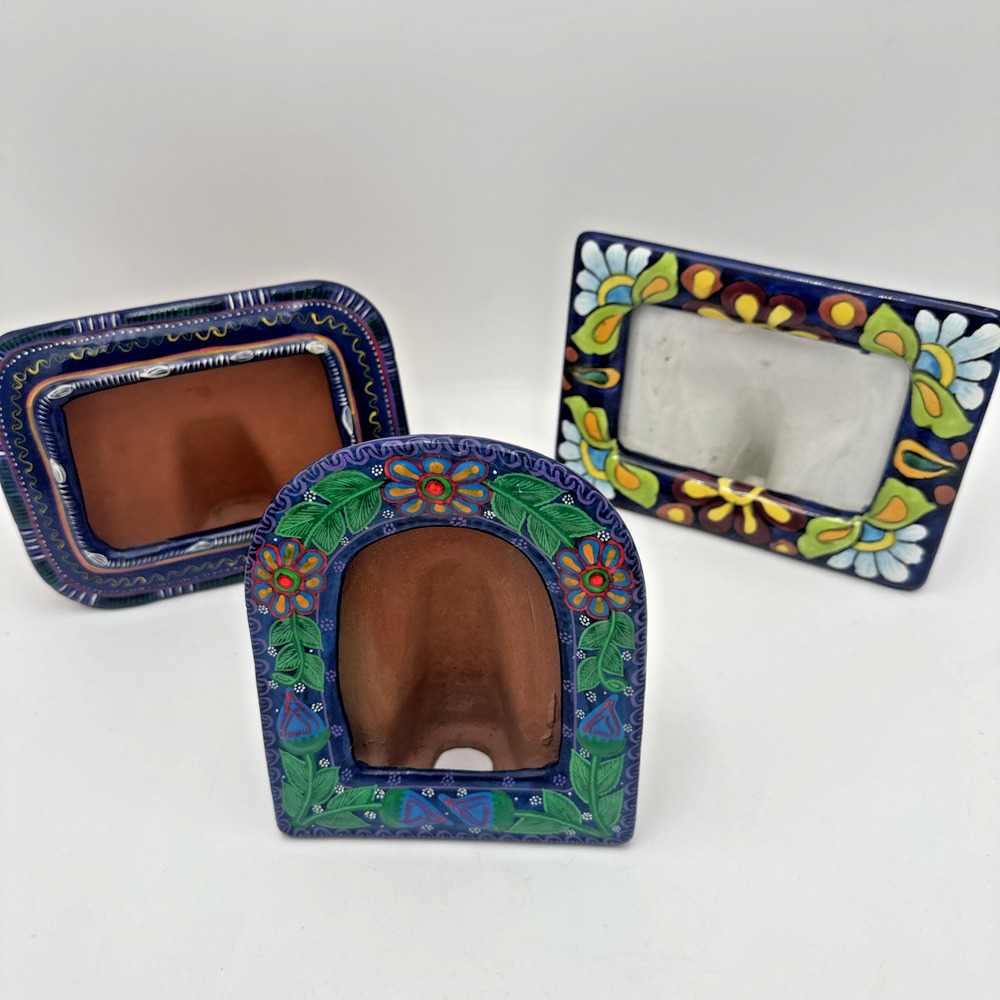 3- Mexican Talavera Pottery Hand Painted Picture Frames Folk Art